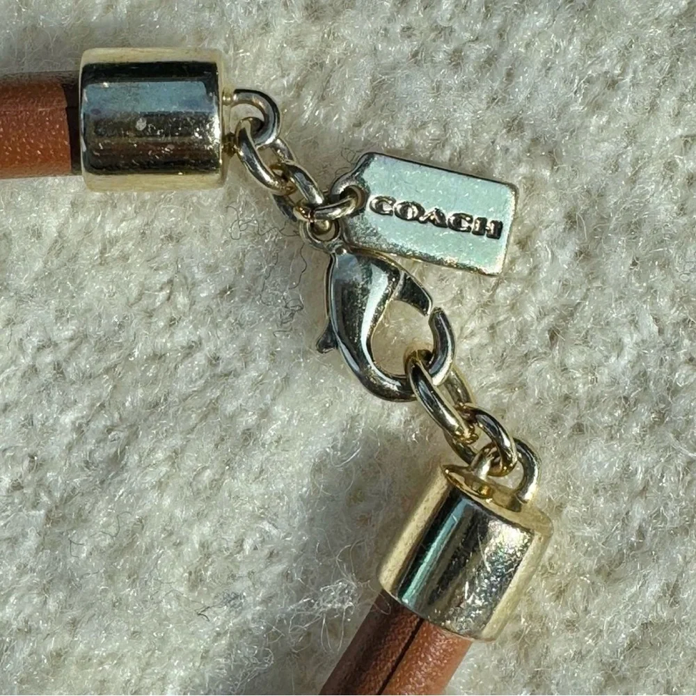 Vintage Coach Leather Bracelet Pave Signature C Charm Honey Brown Cord Gold Tone - Picture 3 of 6